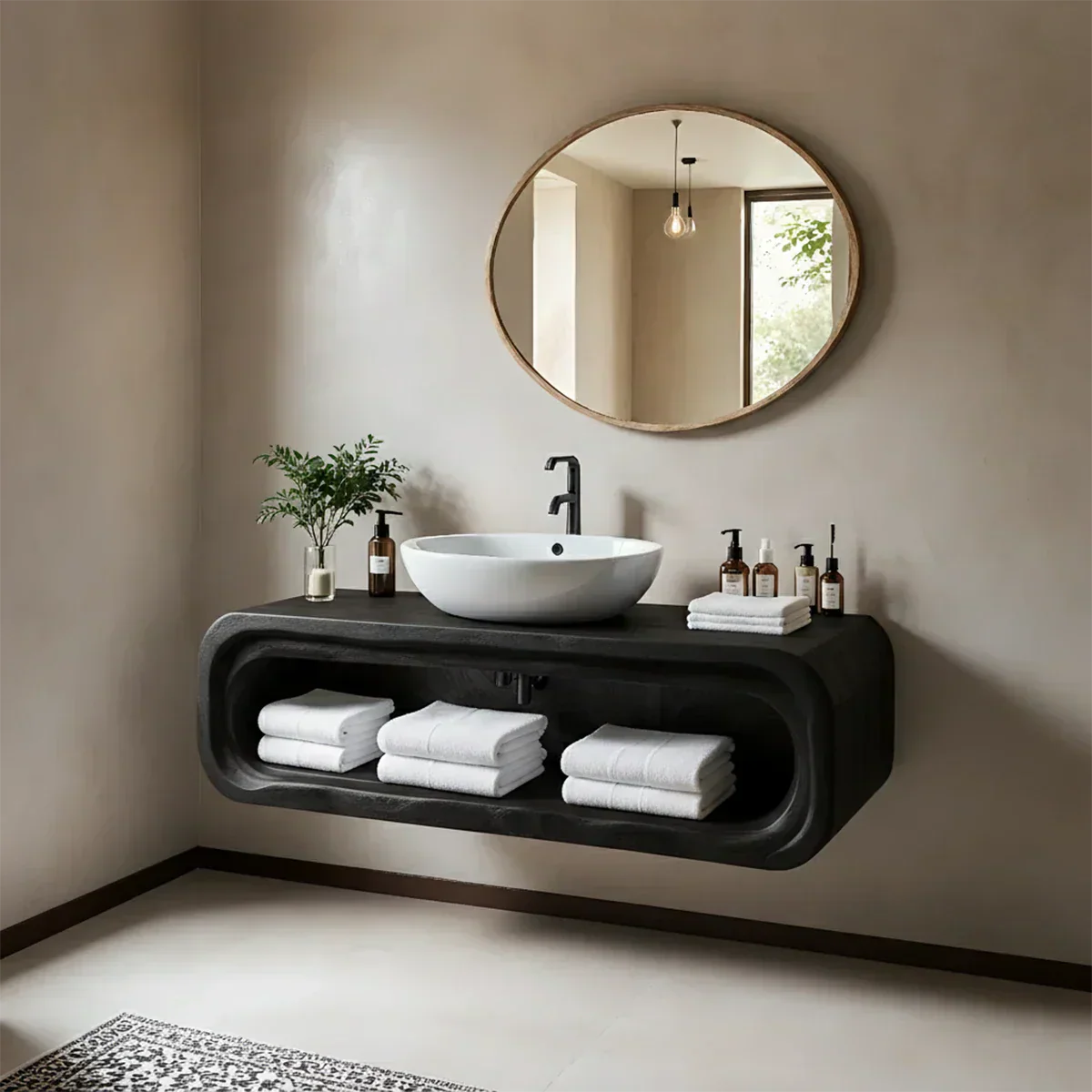 Curved Solid Wood Floating Vanity – Japandi Rustic Design Bathroom Console - Rustiracraft 