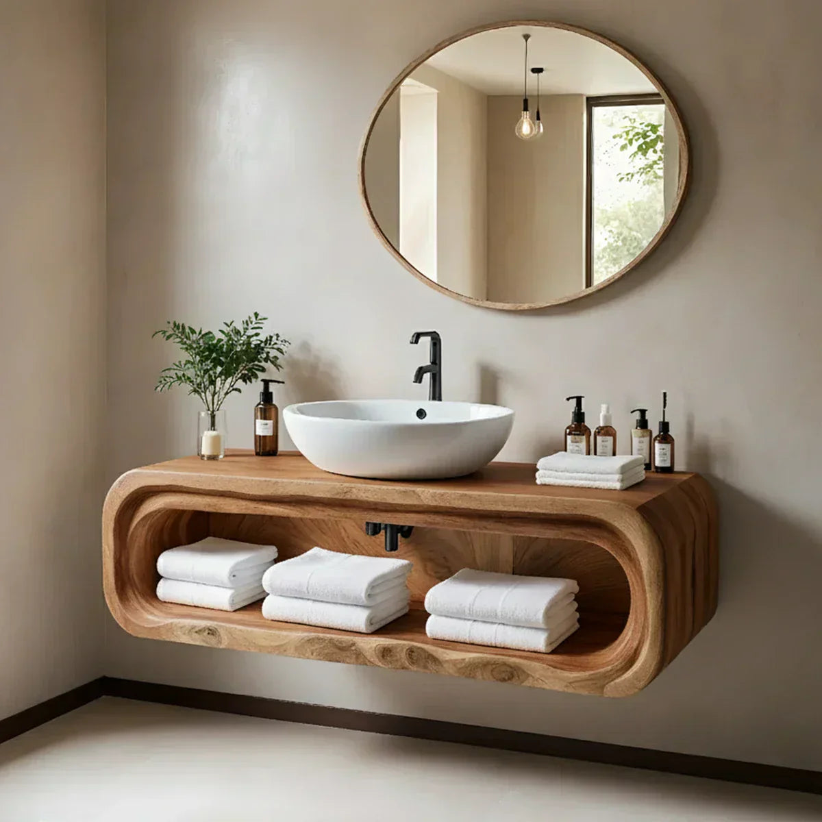 Curved Solid Wood Floating Vanity – Japandi Rustic Design Bathroom Console - Rustiracraft 