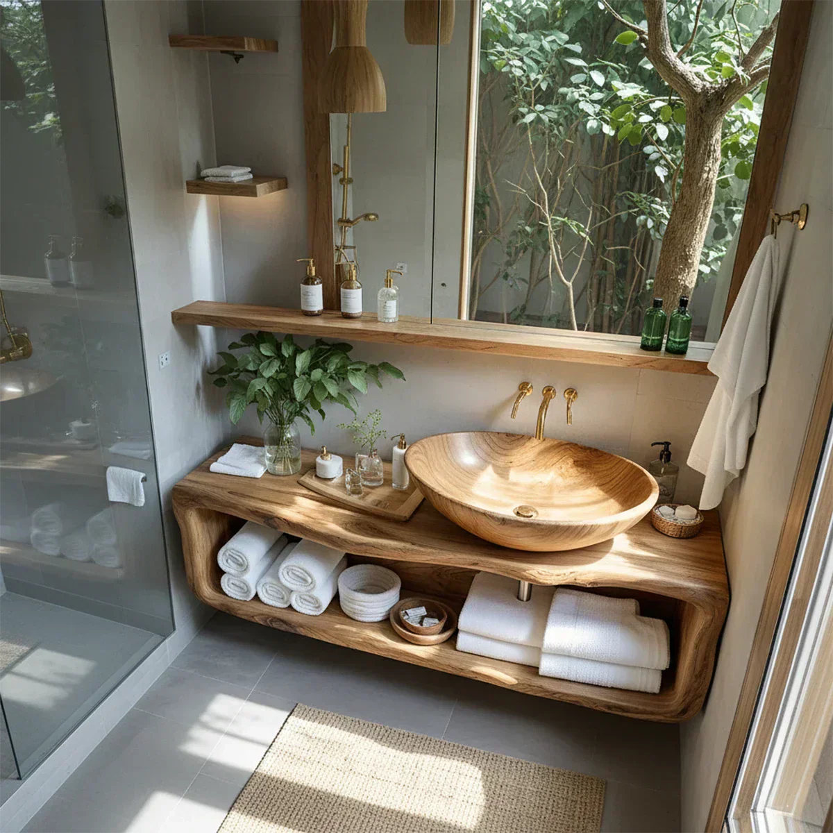 Curved Solid Wood Floating Vanity – Organic Spa Bathroom Console - Rustiracraft 