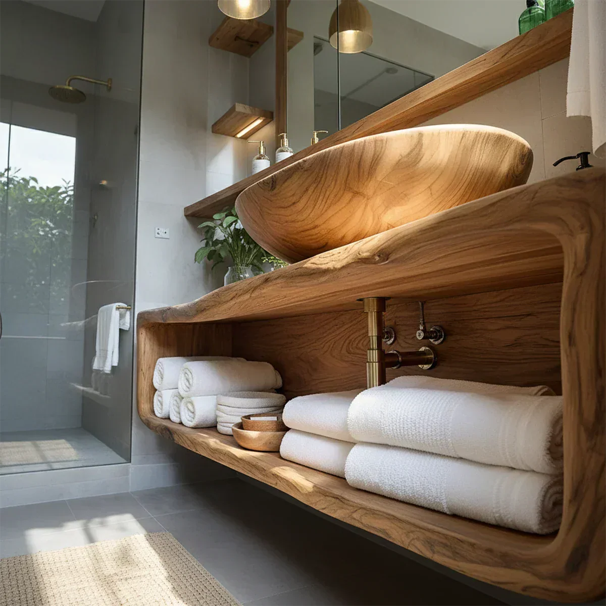 Curved Solid Wood Floating Vanity – Organic Spa Bathroom Console - Rustiracraft 