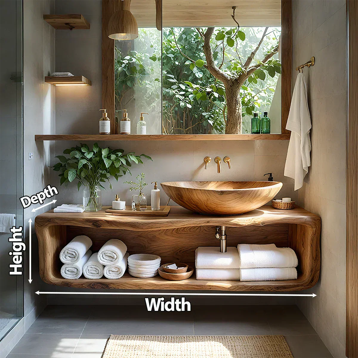 Curved Solid Wood Floating Vanity – Organic Spa Bathroom Console - Rustiracraft 