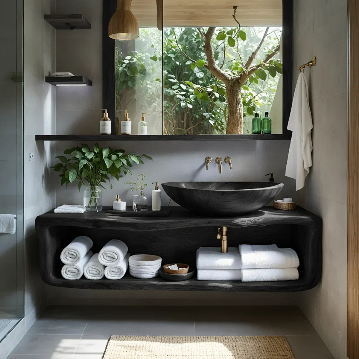 Curved Solid Wood Floating Vanity – Organic Spa Bathroom Console - Rustiracraft 