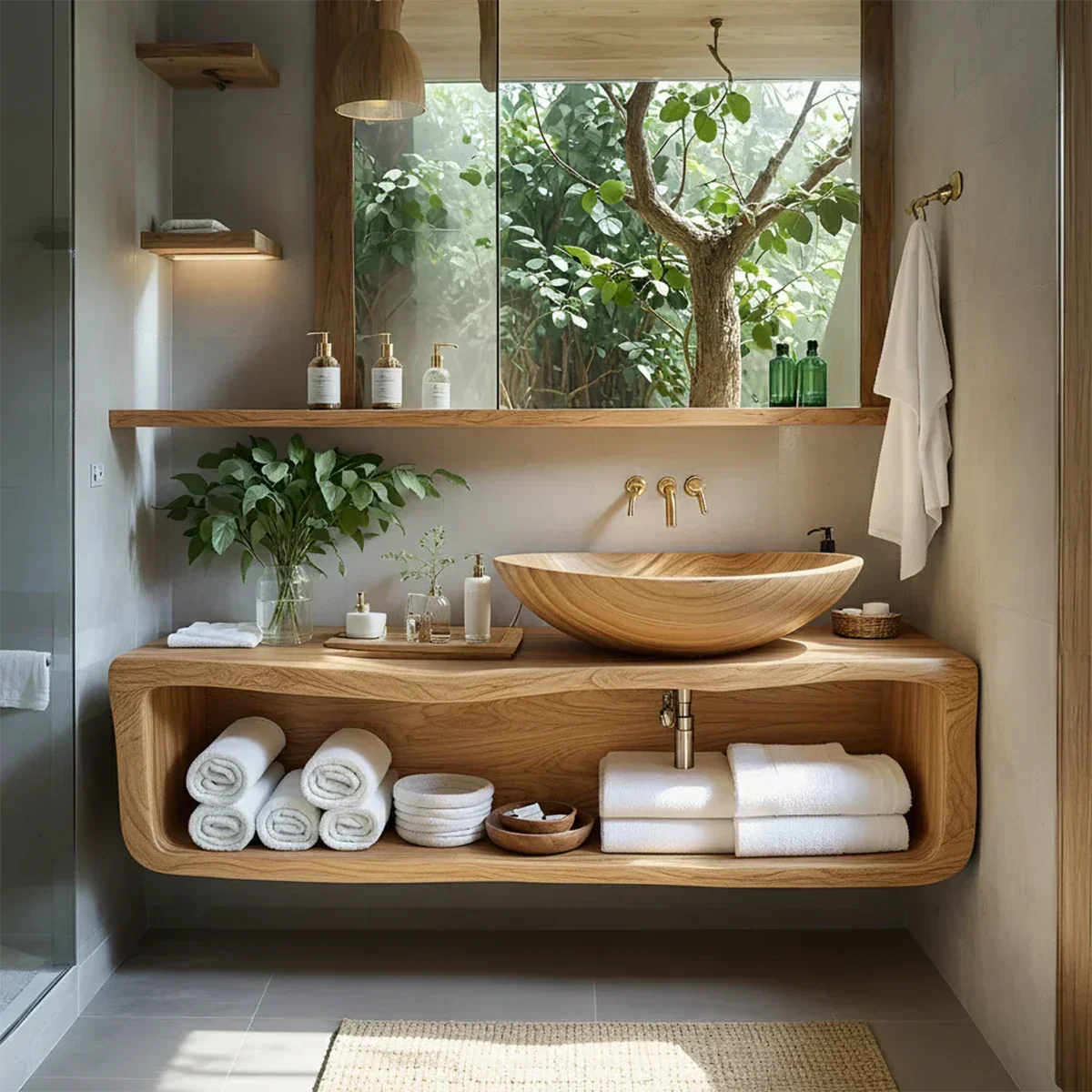Curved Solid Wood Floating Vanity – Organic Spa Bathroom Console - Rustiracraft 