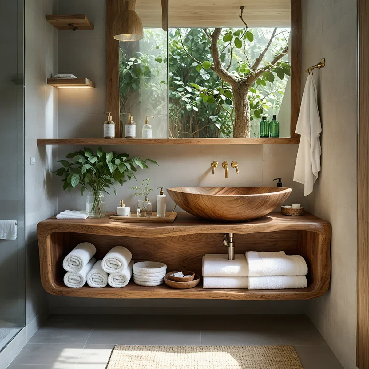 Curved Solid Wood Floating Vanity – Organic Spa Bathroom Console - Rustiracraft 