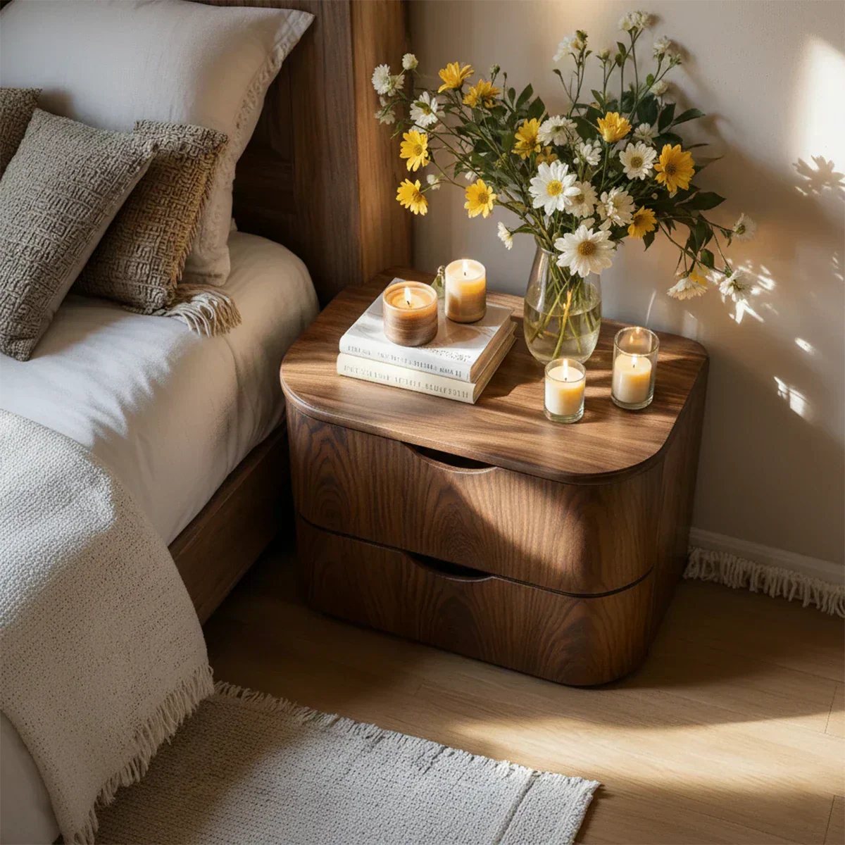 Curved Solid Wood Nightstand – Two-Drawer Minimalist Design - Rustiracraft 