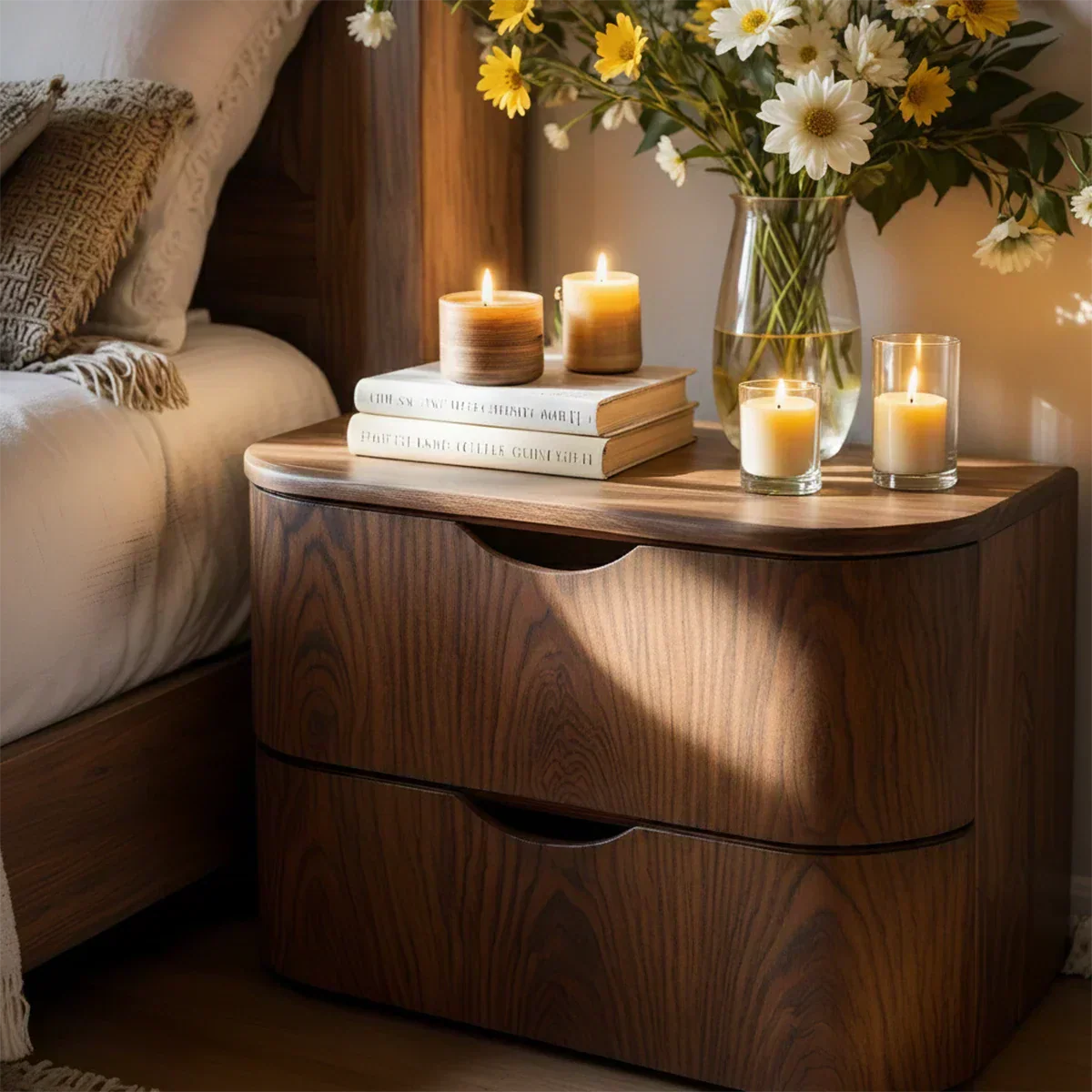 Curved Solid Wood Nightstand – Two-Drawer Minimalist Design - Rustiracraft 