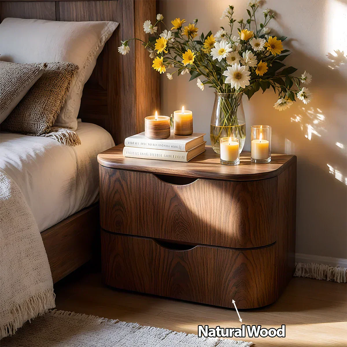 Curved Solid Wood Nightstand – Two-Drawer Minimalist Design - Rustiracraft 