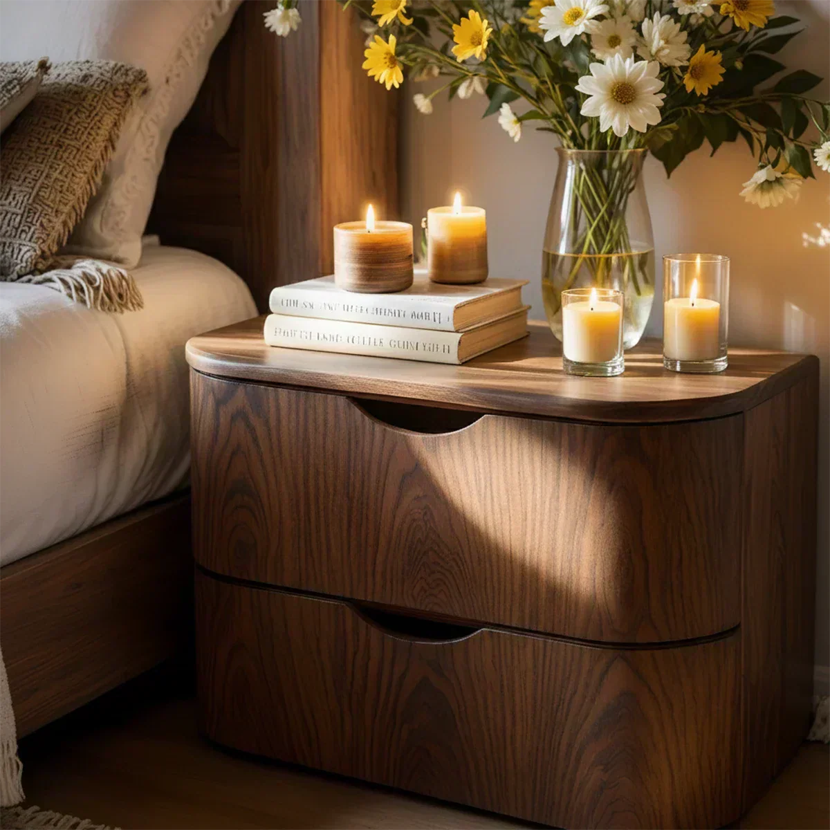 Curved Solid Wood Nightstand – Two-Drawer Minimalist Design - Rustiracraft