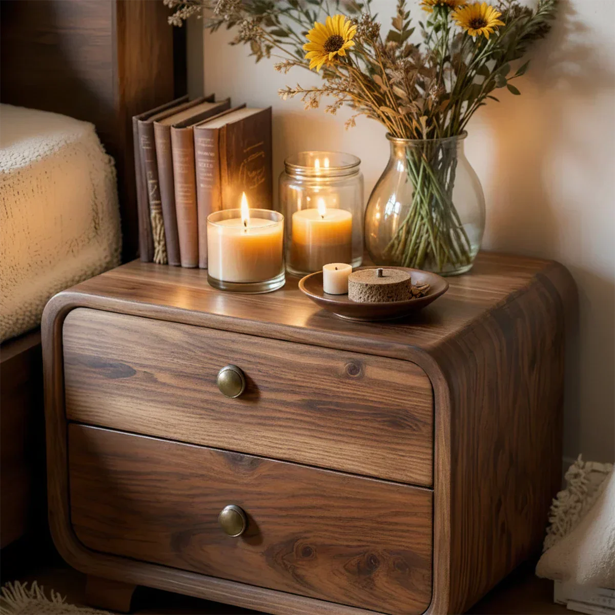 Curved Solid Wood Nightstand with Two Drawers - Rustiracraft 
