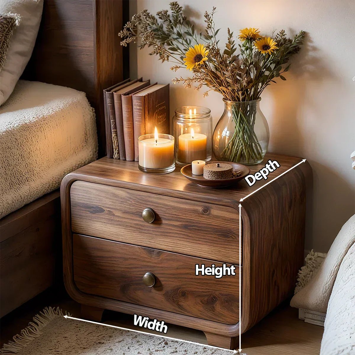 Curved Solid Wood Nightstand with Two Drawers - Rustiracraft 