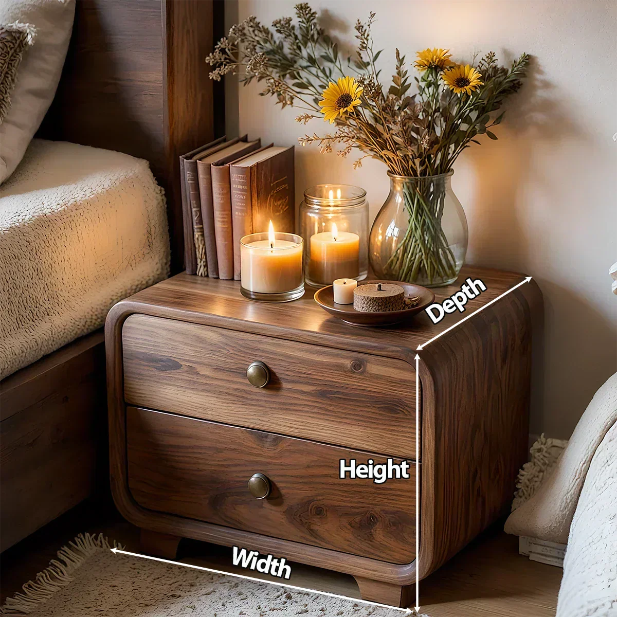 Curved Solid Wood Nightstand with Two Drawers - Rustiracraft