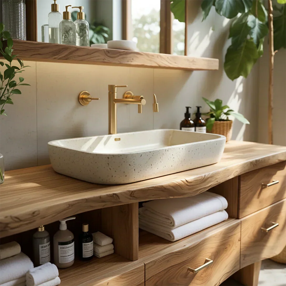 Curved Solid Wood Vanity with Legs – Japandi Spa Bathroom Console - Rustiracraft 