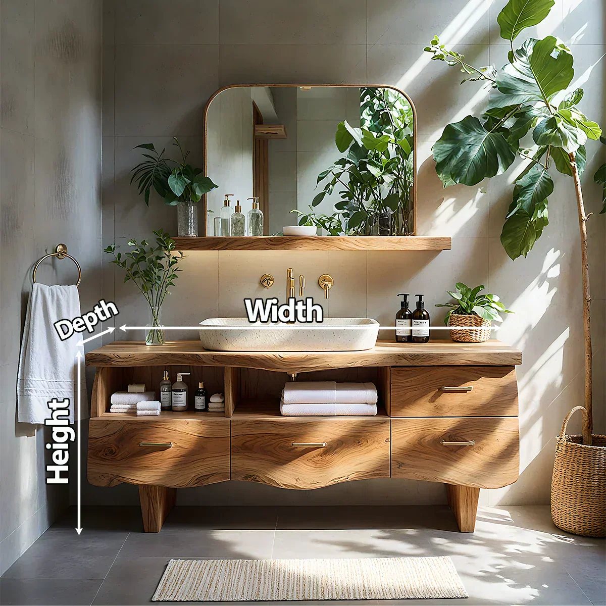 Curved Solid Wood Vanity with Legs – Japandi Spa Bathroom Console - Rustiracraft 