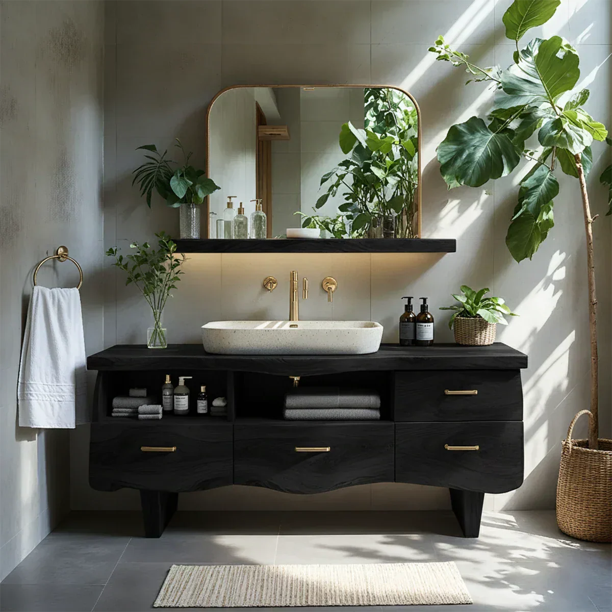 Curved Solid Wood Vanity with Legs – Japandi Spa Bathroom Console - Rustiracraft 