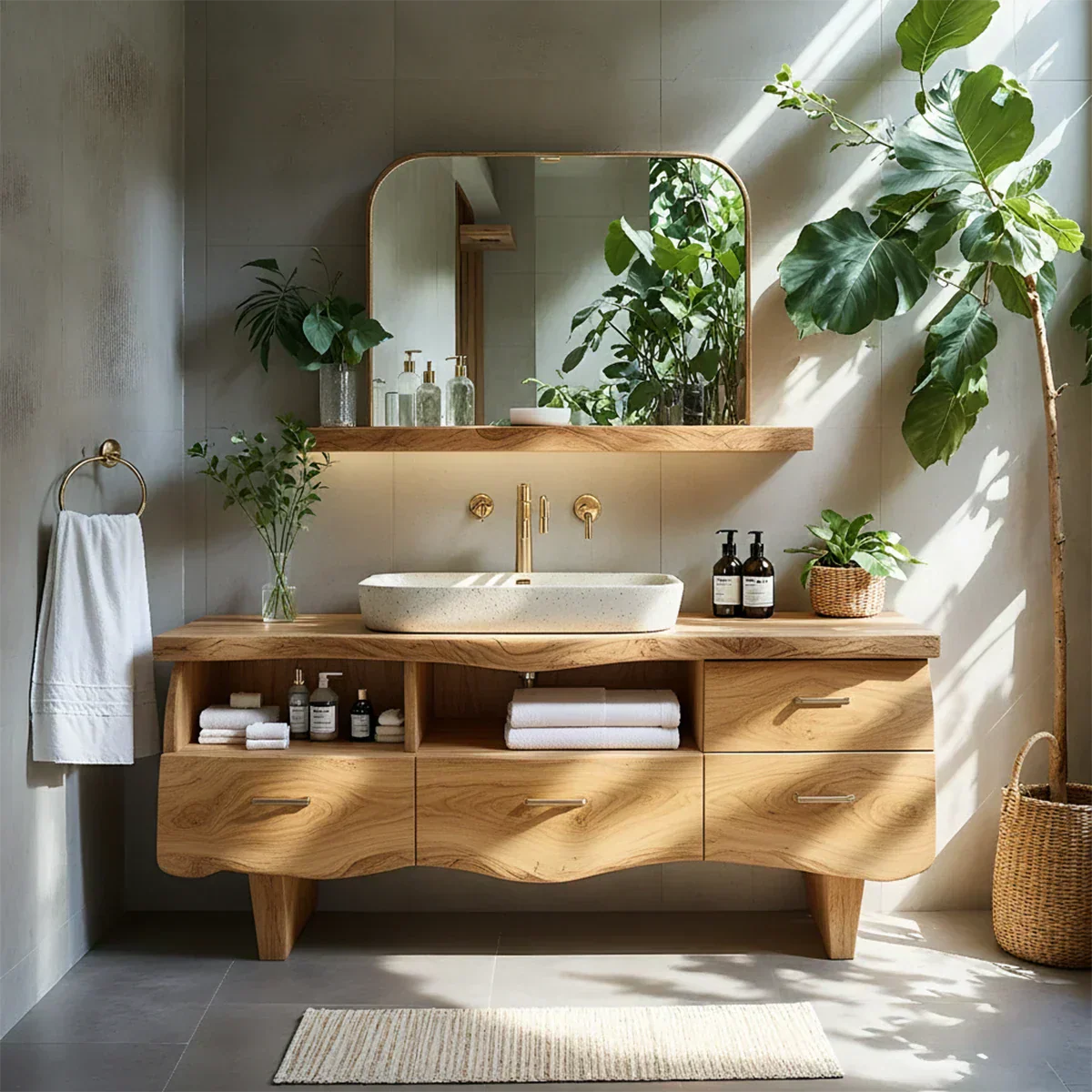 Curved Solid Wood Vanity with Legs – Japandi Spa Bathroom Console - Rustiracraft 