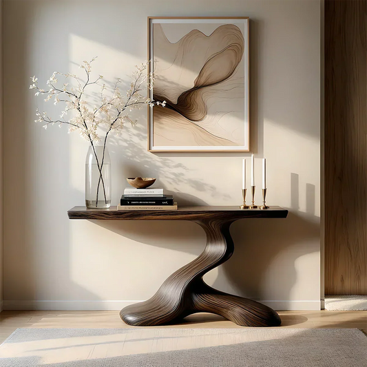 Dark Sculptural Solid Wood Console — Organic Japandi Entry Table - Rustiracraft 