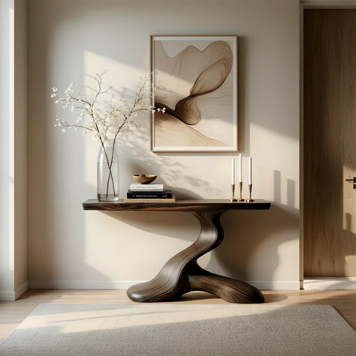 Dark Sculptural Solid Wood Console — Organic Japandi Entry Table - Rustiracraft 