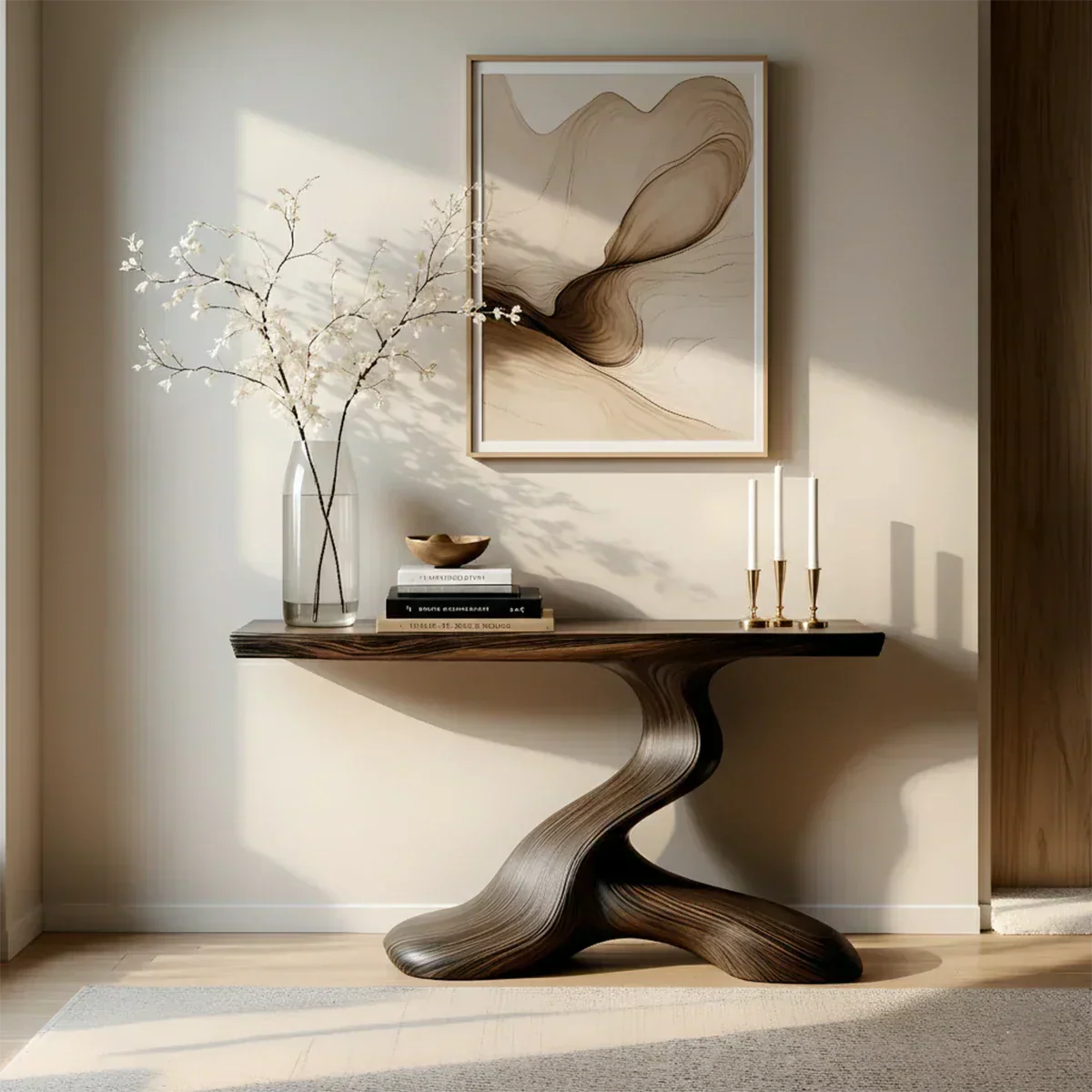 Dark Sculptural Solid Wood Console — Organic Japandi Entry Table - Rustiracraft 