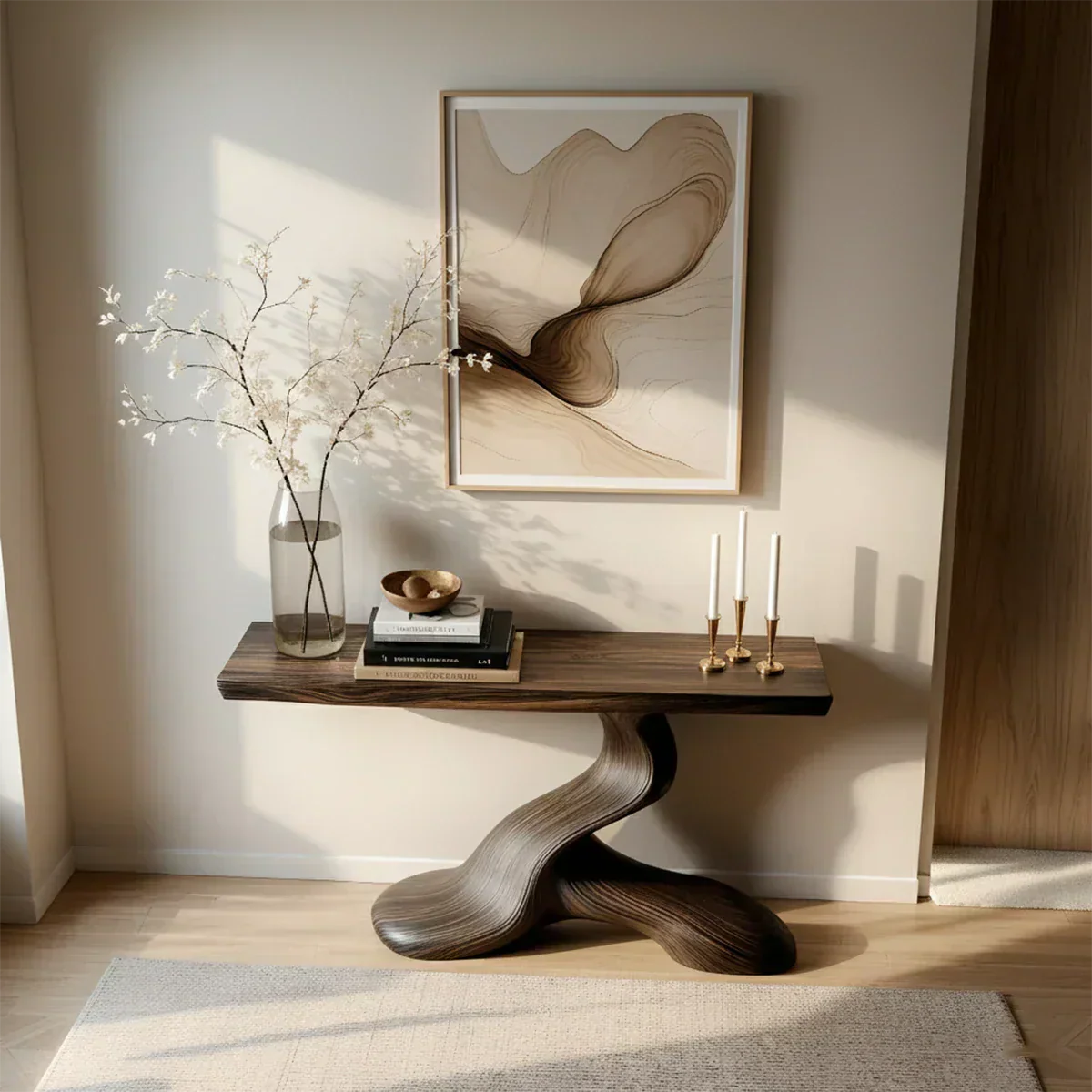 Dark Sculptural Solid Wood Console — Organic Japandi Entry Table - Rustiracraft 