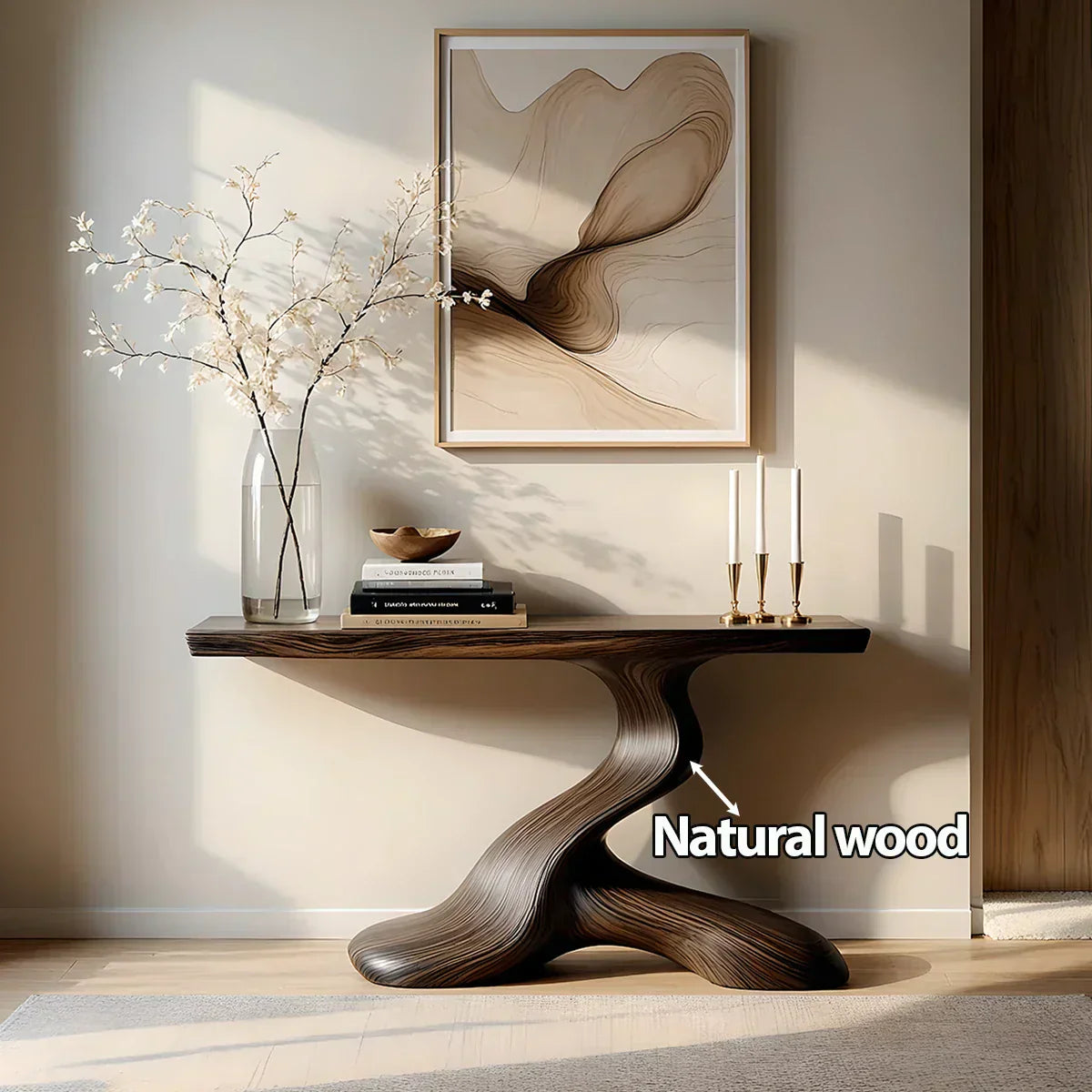 Dark Sculptural Solid Wood Console — Organic Japandi Entry Table - Rustiracraft 