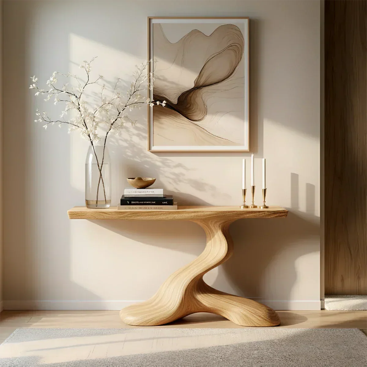 Dark Sculptural Solid Wood Console — Organic Japandi Entry Table - Rustiracraft 