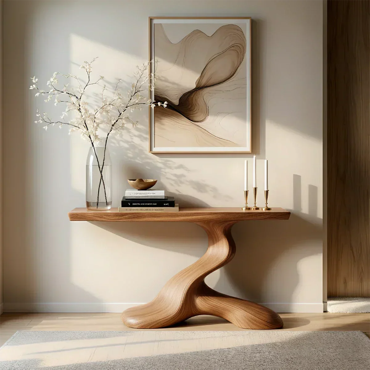 Dark Sculptural Solid Wood Console — Organic Japandi Entry Table - Rustiracraft 