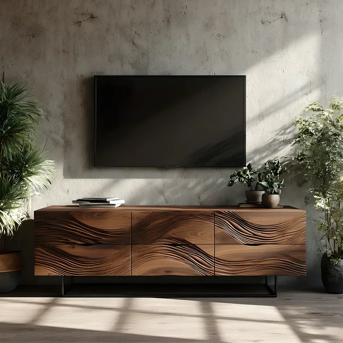 Dark Walnut Sculpted TV Stand – Modern Organic Wave Media Console - Rustiracraft 