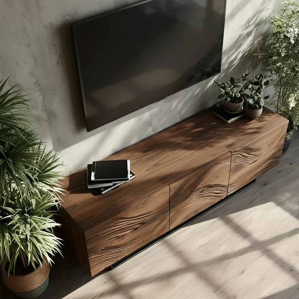 Dark Walnut Sculpted TV Stand – Modern Organic Wave Media Console - Rustiracraft 