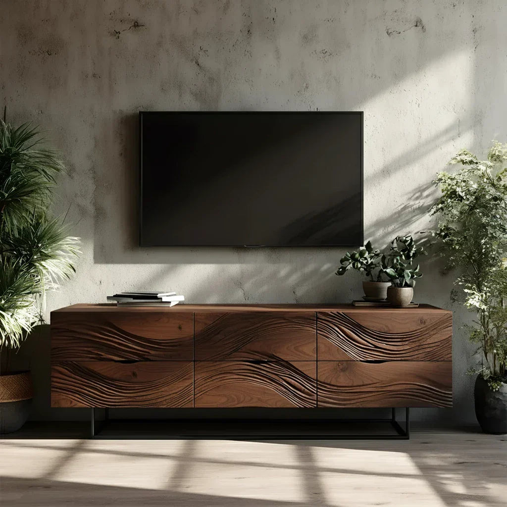 Dark Walnut Sculpted TV Stand – Modern Organic Wave Media Console - Rustiracraft 