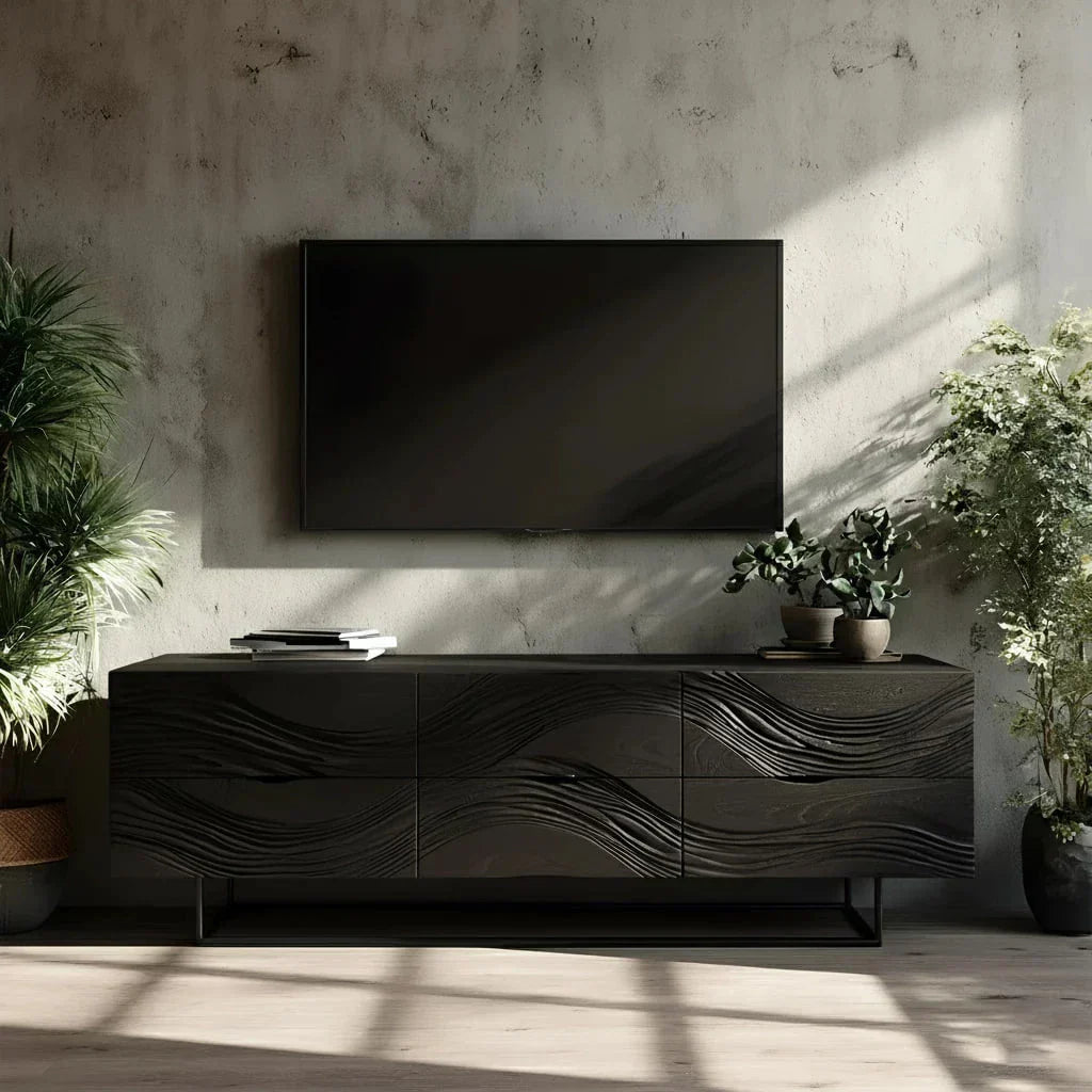Dark Walnut Sculpted TV Stand – Modern Organic Wave Media Console - Rustiracraft 