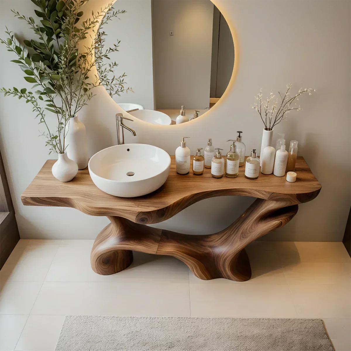 Double-Sculpted Wood Pedestal Vanity – Modern Bathroom Sink Table - Rustiracraft 
