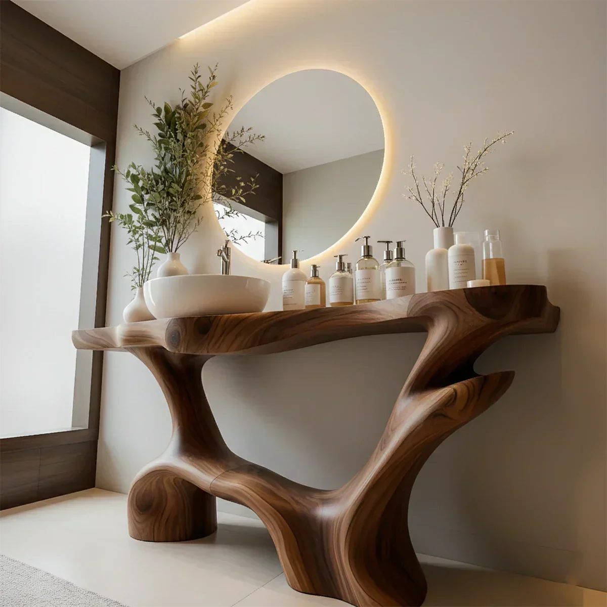 Double-Sculpted Wood Pedestal Vanity – Modern Bathroom Sink Table - Rustiracraft 