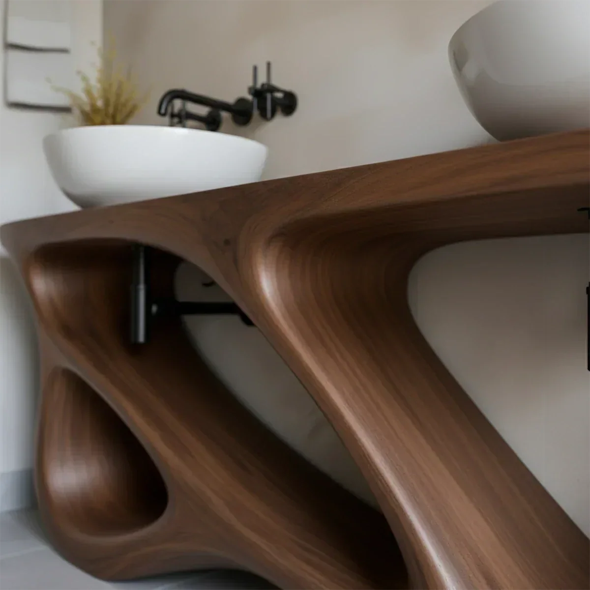 Double Sink Solid Walnut Vanity with Sculptural Flow Design - Rustiracraft 