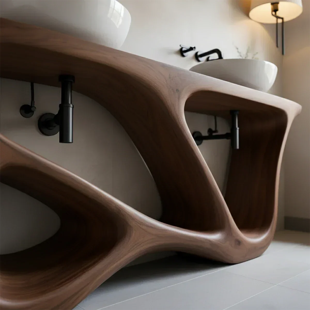 Double Sink Solid Walnut Vanity with Sculptural Flow Design - Rustiracraft 