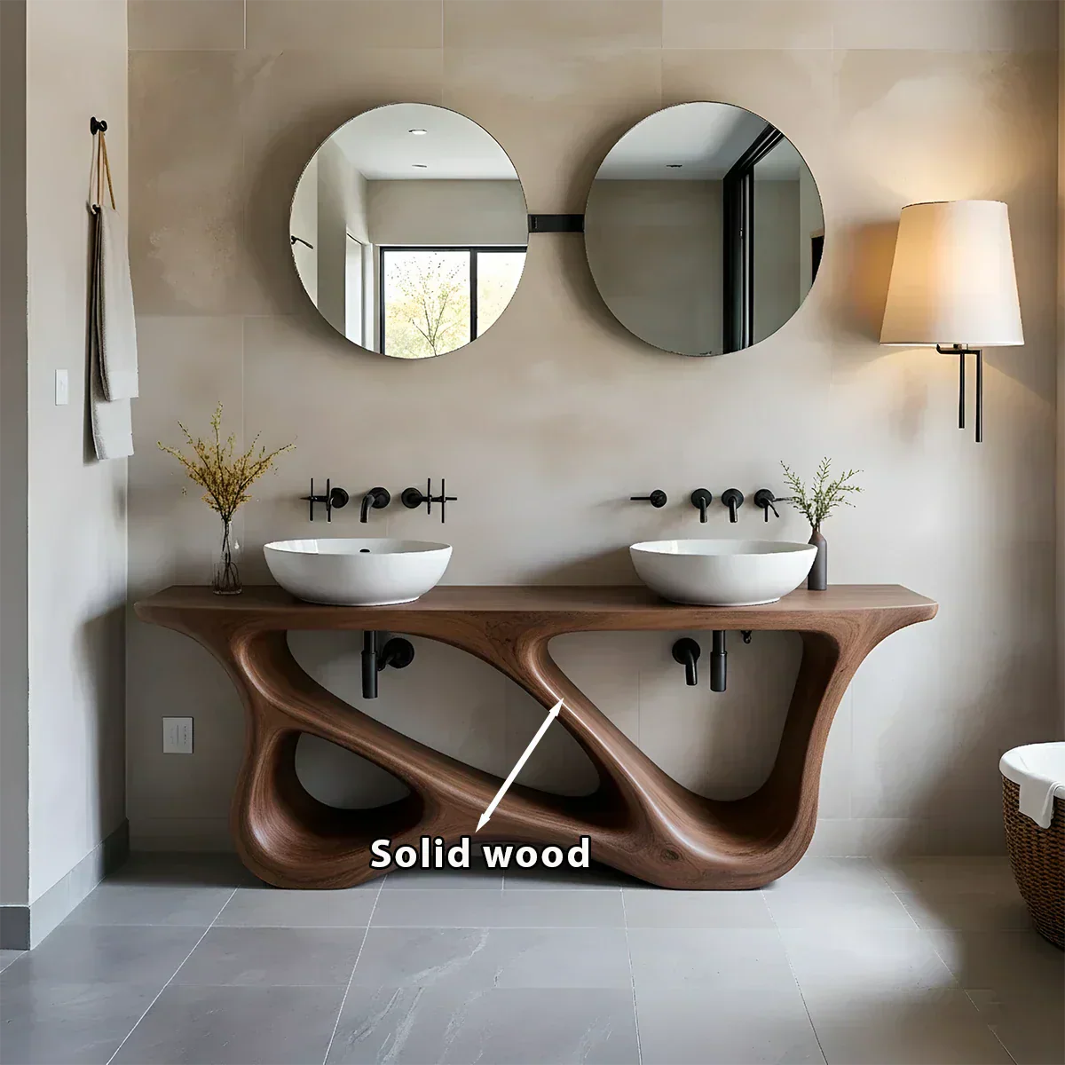 Double Sink Solid Walnut Vanity with Sculptural Flow Design - Rustiracraft 