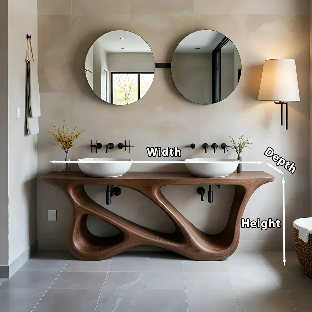 Double Sink Solid Walnut Vanity with Sculptural Flow Design - Rustiracraft 