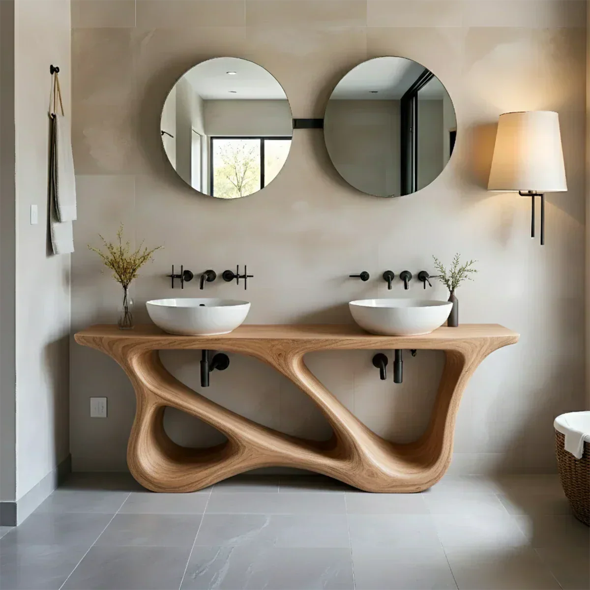 Double Sink Solid Walnut Vanity with Sculptural Flow Design - Rustiracraft 