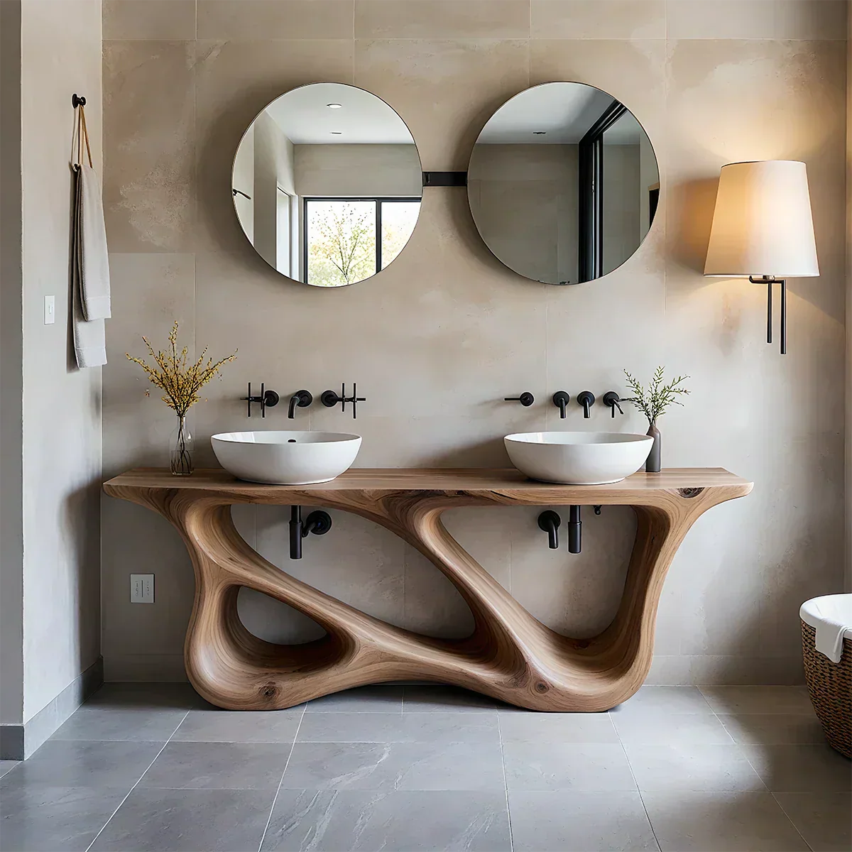 Double Sink Solid Walnut Vanity with Sculptural Flow Design - Rustiracraft 