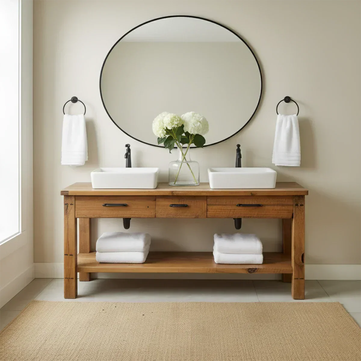 Double Sink Solid Wood Bathroom Vanity – Rustic Farmhouse Handcrafted Cabinet - Rustiracraft 