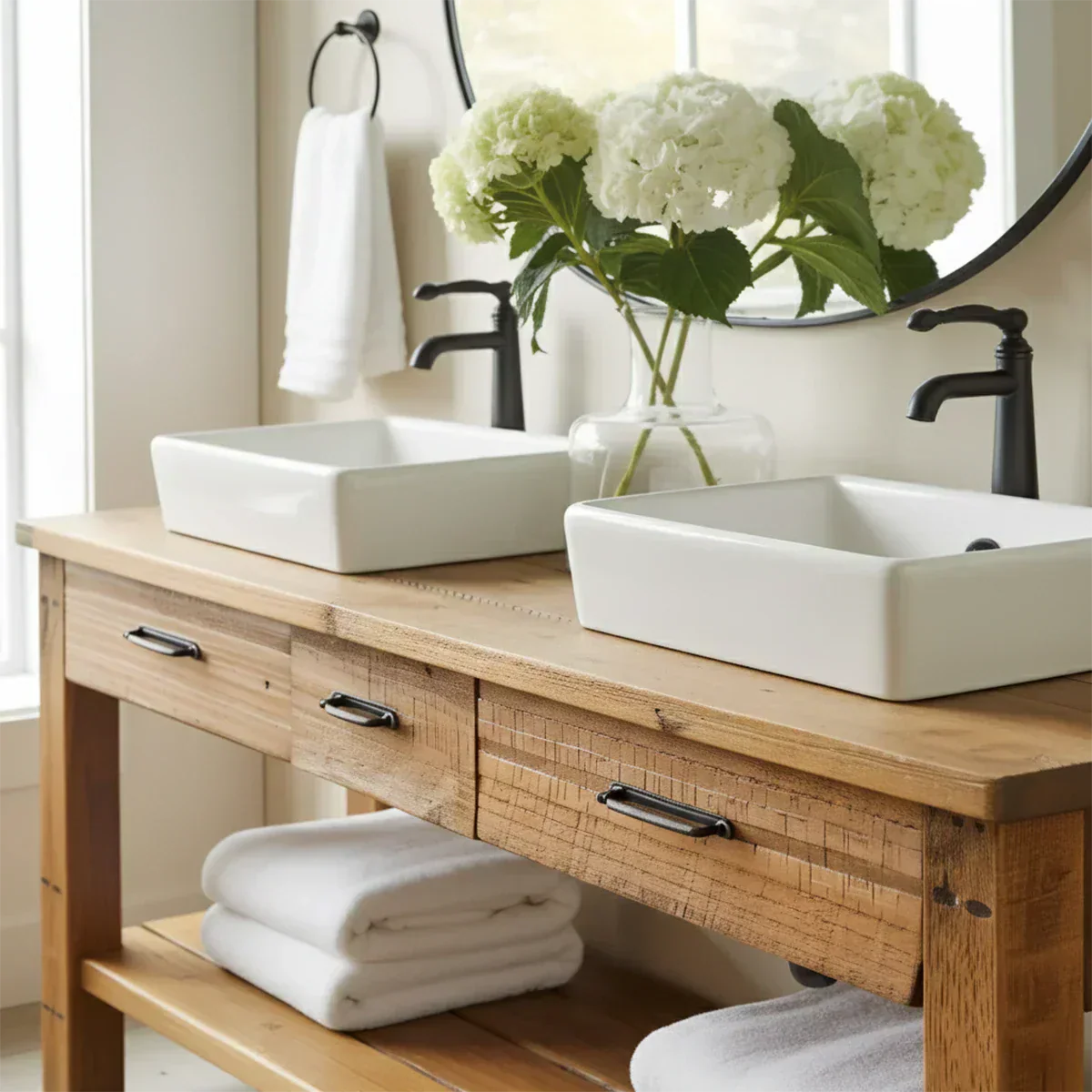 Double Sink Solid Wood Bathroom Vanity – Rustic Farmhouse Handcrafted Cabinet - Rustiracraft 
