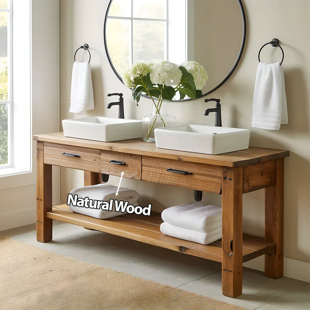 Double Sink Solid Wood Bathroom Vanity – Rustic Farmhouse Handcrafted Cabinet - Rustiracraft 