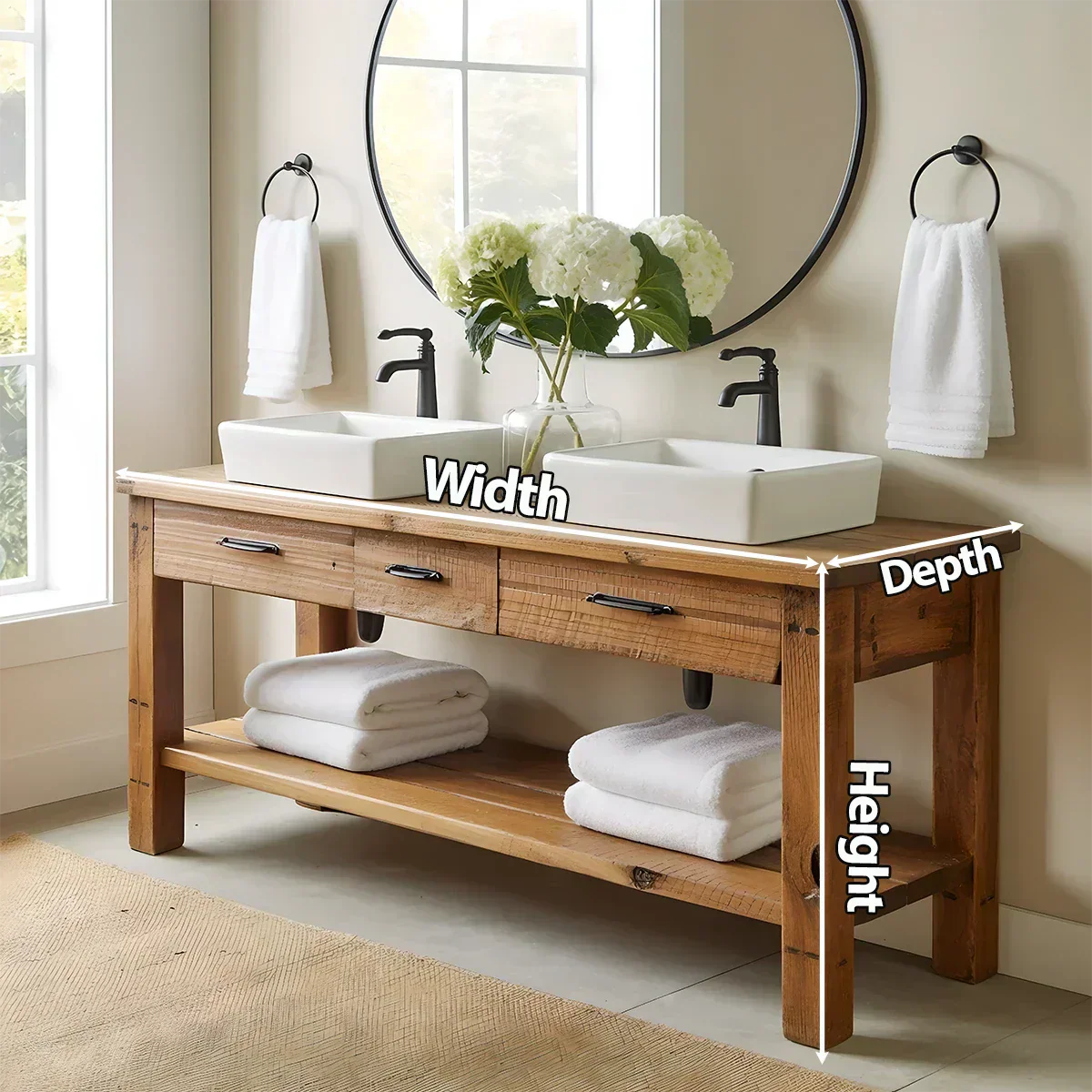 Double Sink Solid Wood Bathroom Vanity – Rustic Farmhouse Handcrafted Cabinet - Rustiracraft 