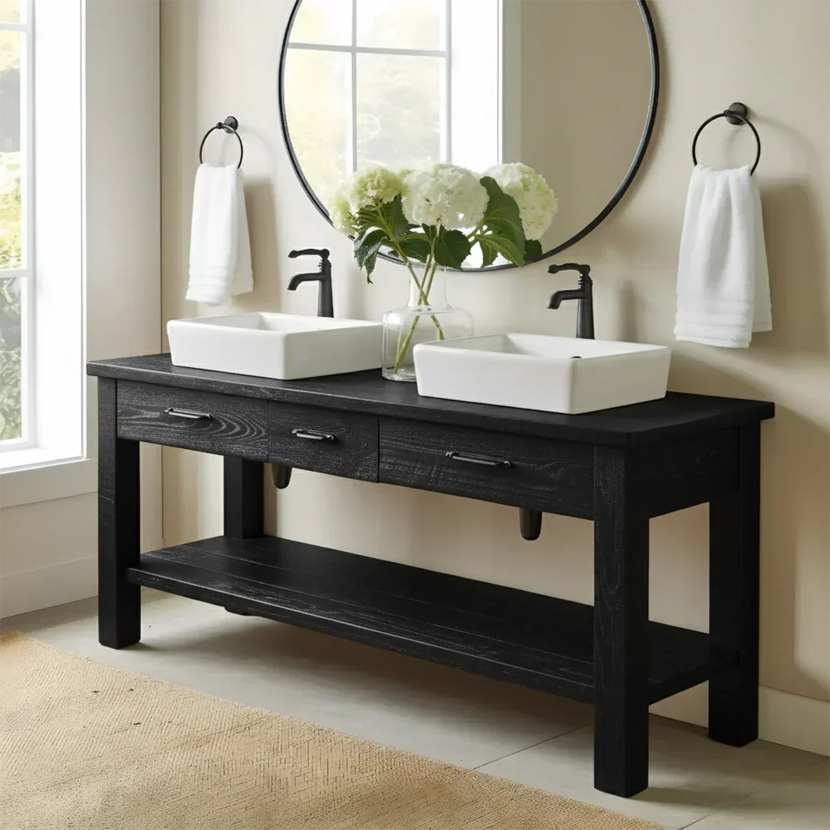 Double Sink Solid Wood Bathroom Vanity – Rustic Farmhouse Handcrafted Cabinet - Rustiracraft 