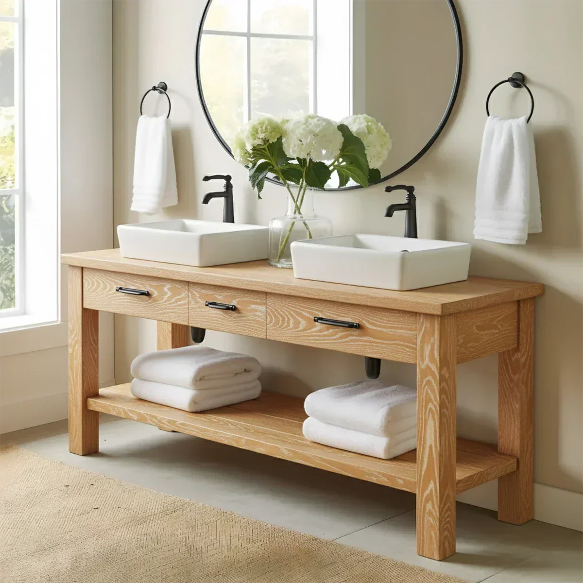 Double Sink Solid Wood Bathroom Vanity – Rustic Farmhouse Handcrafted Cabinet - Rustiracraft 