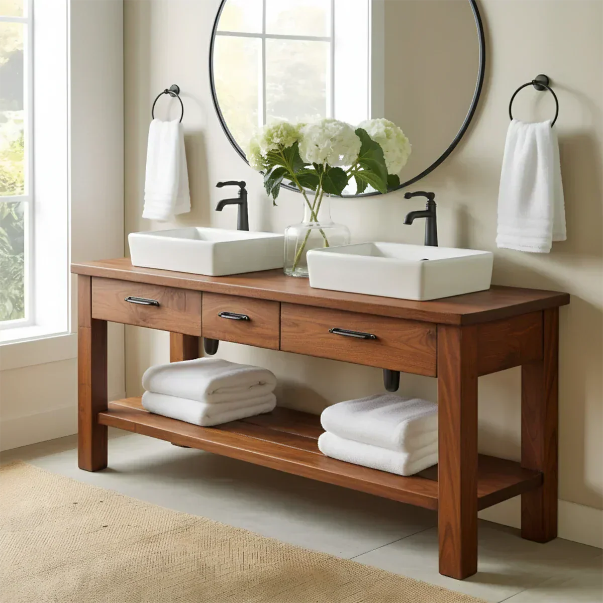 Double Sink Solid Wood Bathroom Vanity – Rustic Farmhouse Handcrafted Cabinet - Rustiracraft 