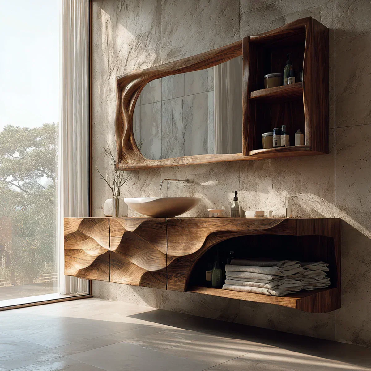 Floating Solid Wood Bathroom Vanity – Hand-Carved Natural Wood Storage Cabinet - Rustiracraft 