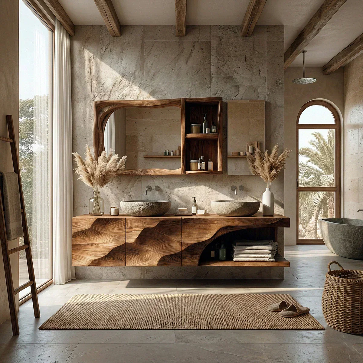 Floating Solid Wood Bathroom Vanity – Hand-Carved Natural Wood Storage Cabinet - Rustiracraft 