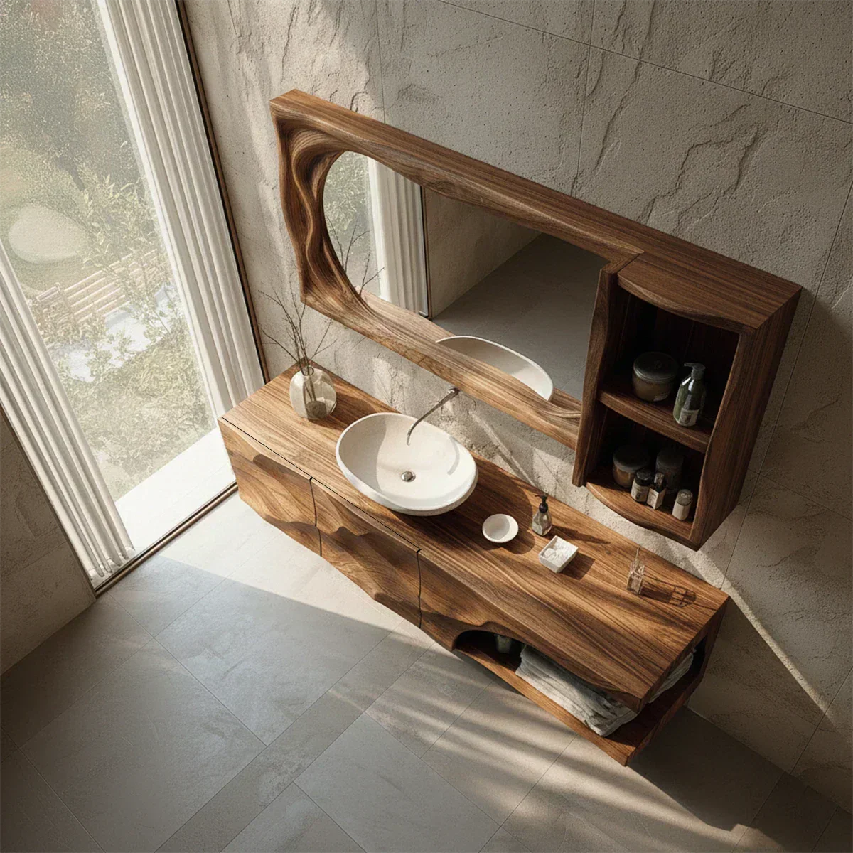 Floating Solid Wood Bathroom Vanity – Hand-Carved Natural Wood Storage Cabinet - Rustiracraft 