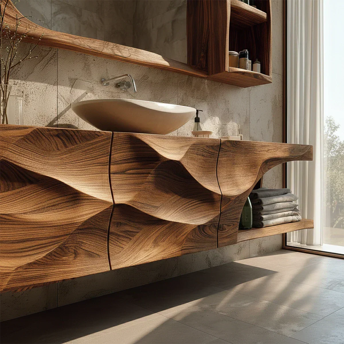 Floating Solid Wood Bathroom Vanity – Hand-Carved Natural Wood Storage Cabinet - Rustiracraft 
