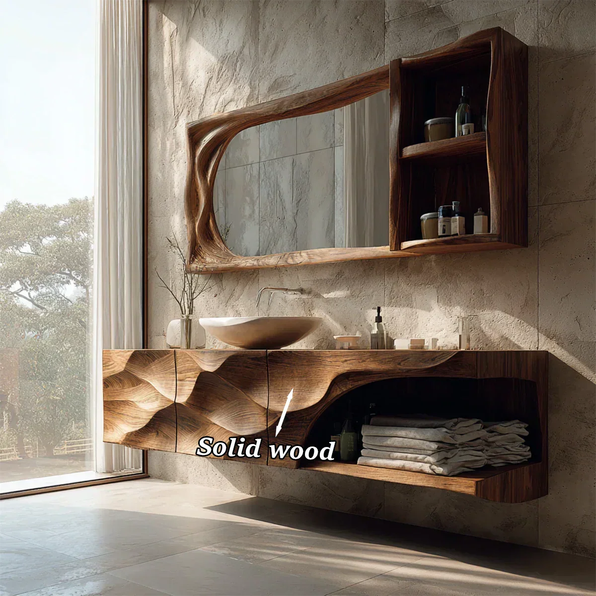 Floating Solid Wood Bathroom Vanity – Hand-Carved Natural Wood Storage Cabinet - Rustiracraft 